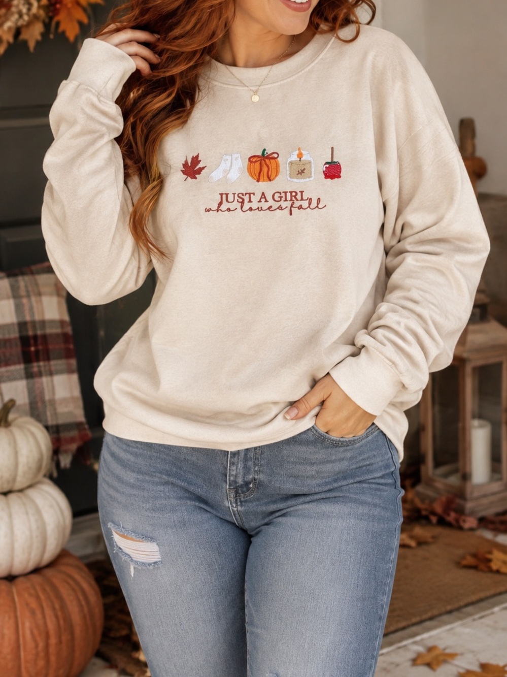 Just A Girl Who Loves Fall Cream Graphic Sweatshirt
